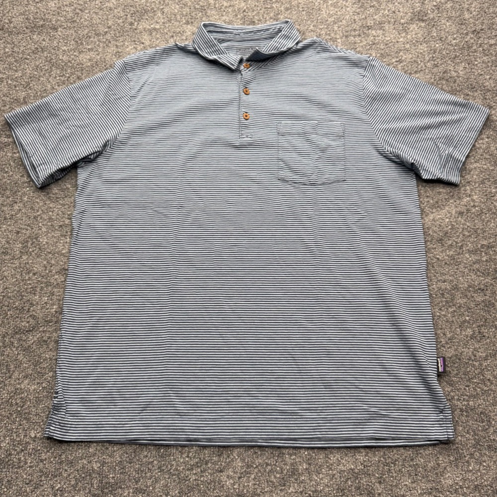 Patagonia Mens Blue Striped Short Sleeve Cotton Polo Shirt Large 53251